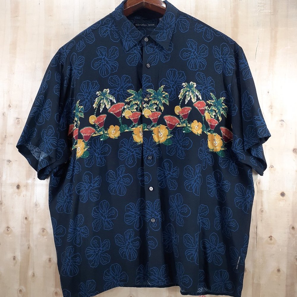Natural Issue Men' Purple with Cocktails, Palm Trees, and Flowers Hawaiian Shirt